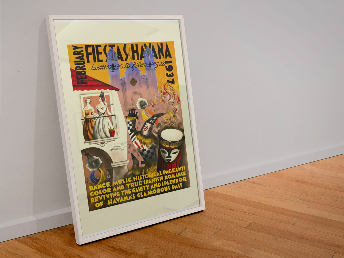 Fiestas Havana 1937 Masks poster in a white frame leaning against a wall