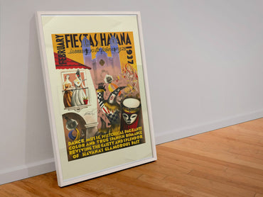 Fiestas Havana 1937 Masks poster in a white frame leaning against a wall
