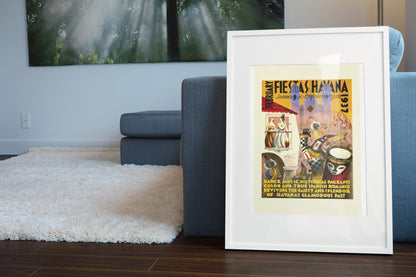 Fiestas Havana 1937 Masks poster leaning beside a blue sofa