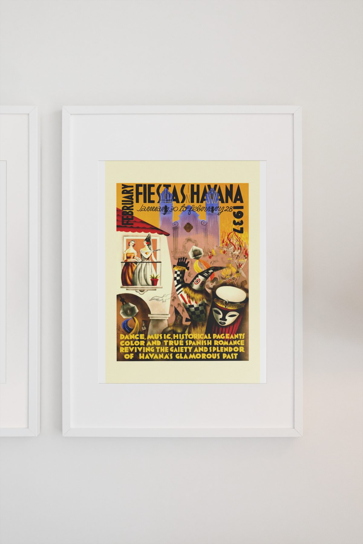 Fiestas Havana 1937 Masks poster on a light wall
