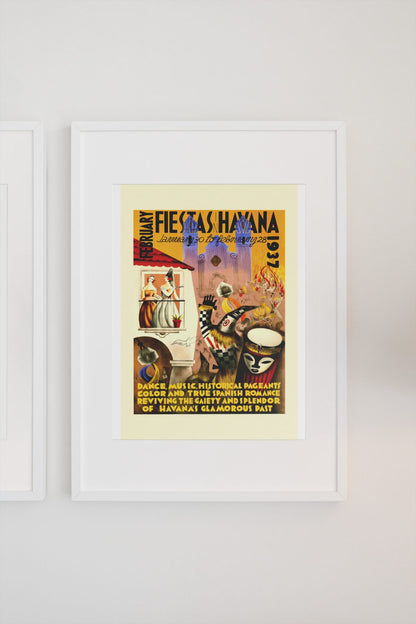 Fiestas Havana 1937 Masks poster on a light wall