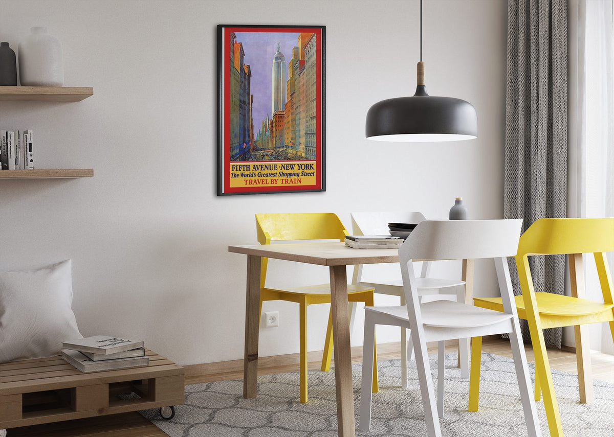 Fifth Avenue New York Travel by Train 1932 poster framed above a dining table