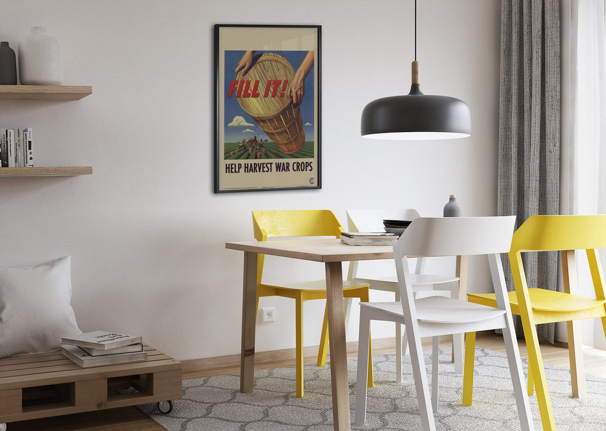 Fill It! Help Harvest War Crops poster framed above a dining table