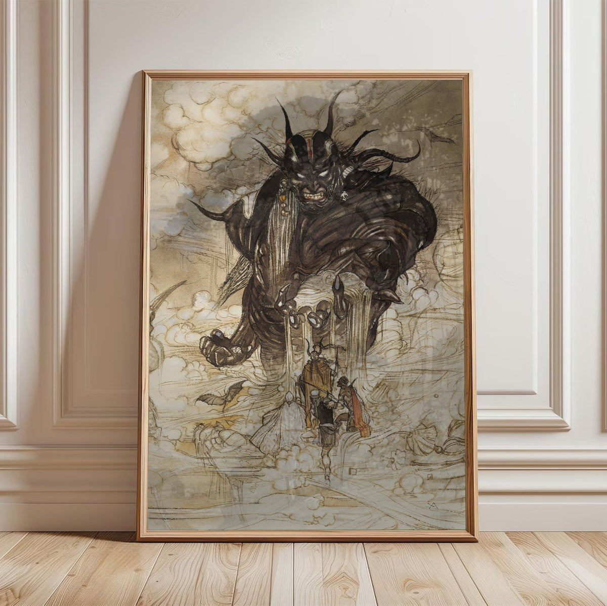 Final Fantasy I Cloudsea Djinn Amano poster in a light oak frame leaning against a white wall