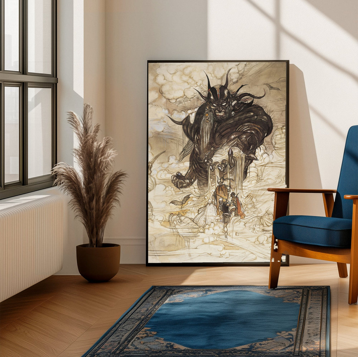 Final Fantasy I Cloudsea Djinn Amano poster framed beside a blue armchair in a sunlit room