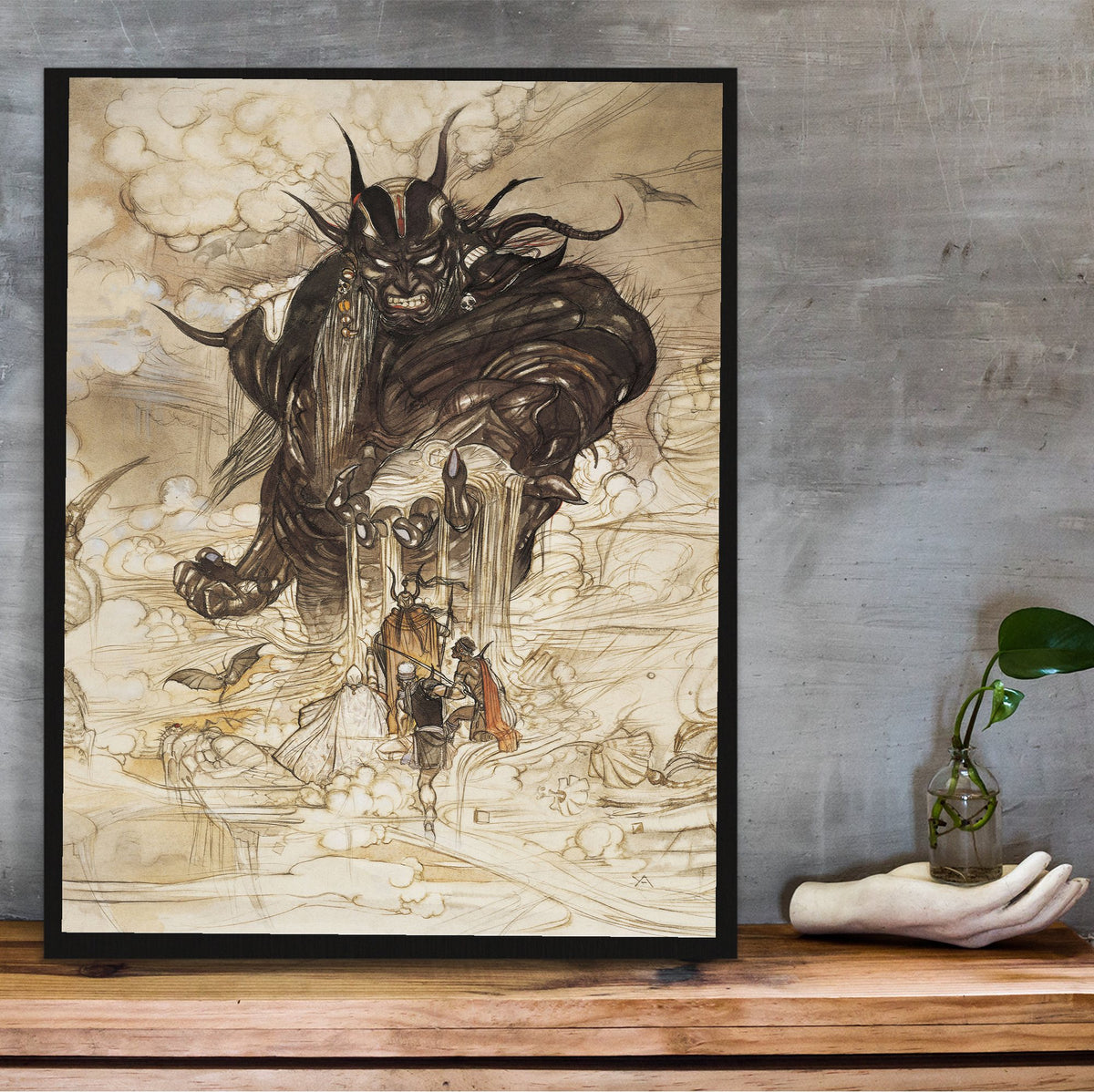 Final Fantasy I Cloudsea Djinn Amano poster in a black frame on a wooden shelf against concrete