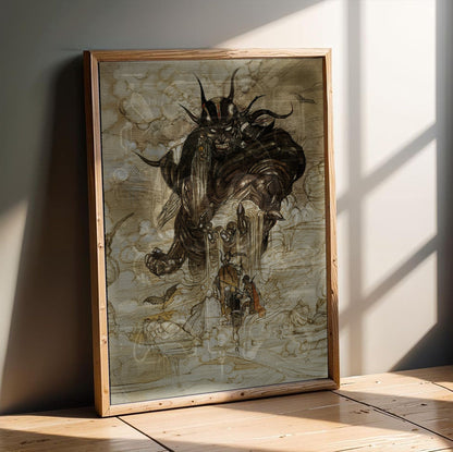 Final Fantasy I Cloudsea Djinn Amano poster in an oak frame leaning on a wooden floor