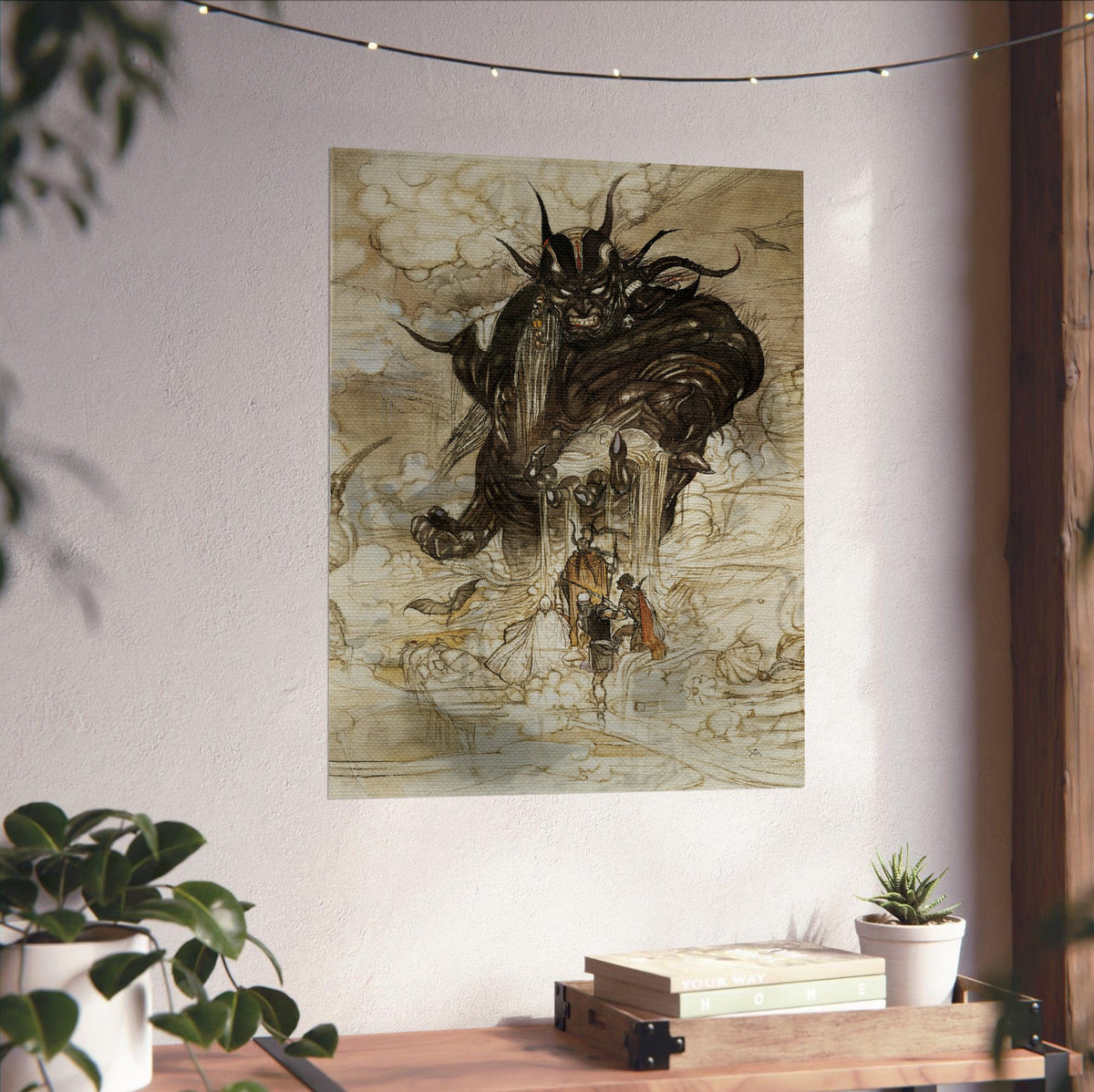 Final Fantasy I Cloudsea Djinn Amano poster unframed on a white wall above a desk