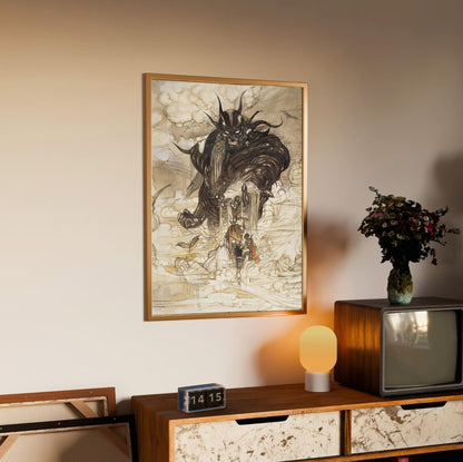 Final Fantasy I Cloudsea Djinn Amano poster in an oak frame above a sideboard