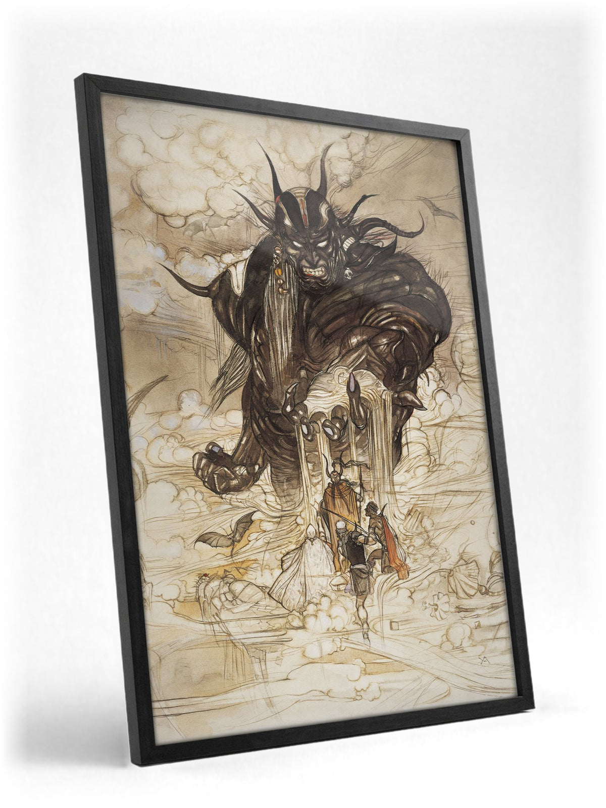 Final Fantasy I Cloudsea Djinn Amano poster in a black frame with glass leaning against a wall
