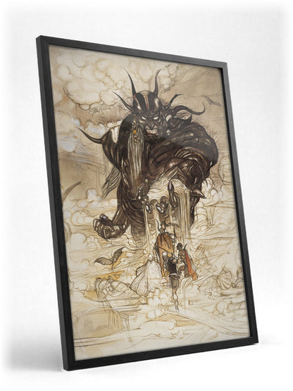 Final Fantasy I Cloudsea Djinn Amano poster in a black frame with glass leaning against a wall