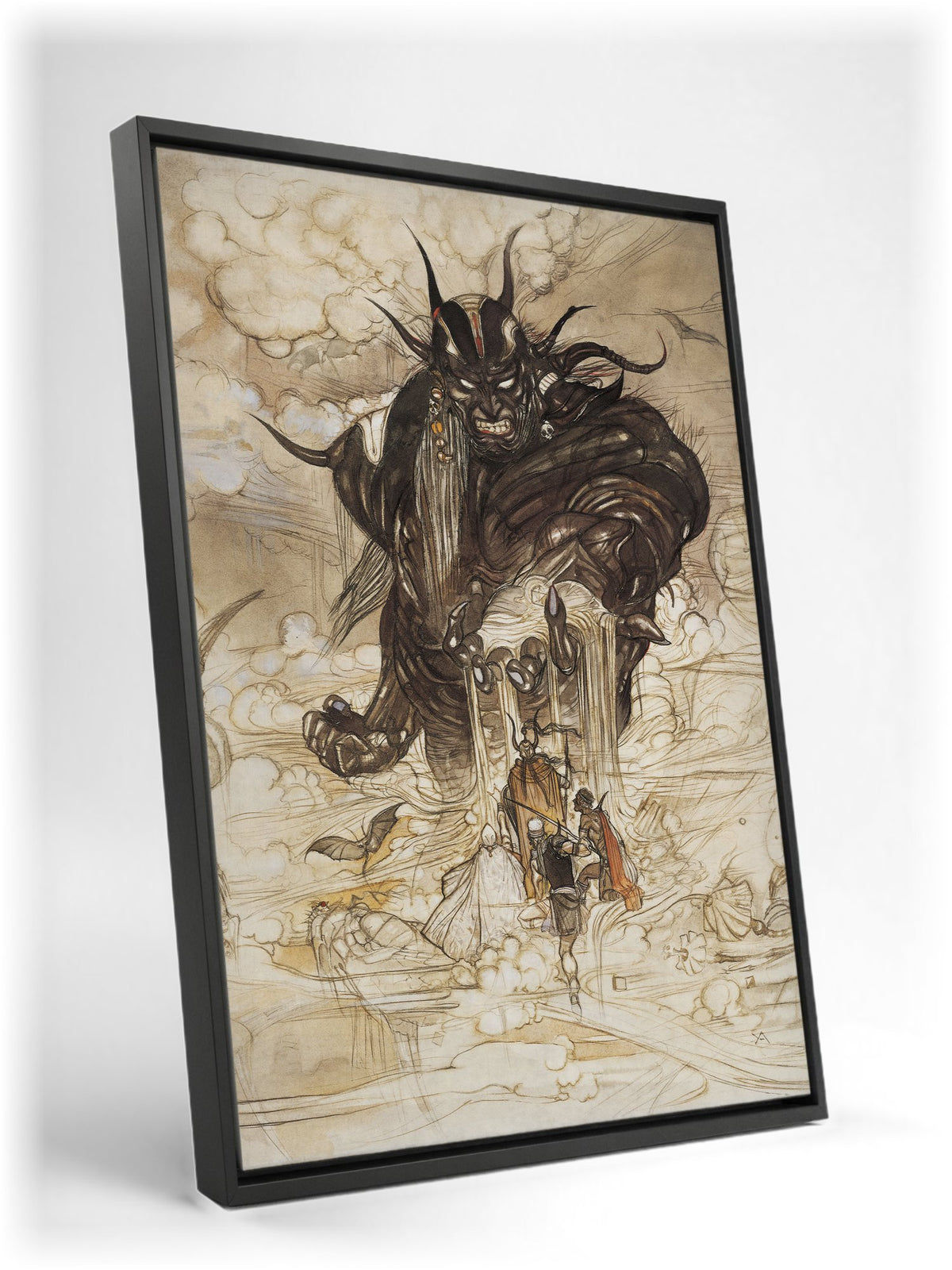 Final Fantasy I Cloudsea Djinn Amano as a black floater framed canvas leaning against a wall