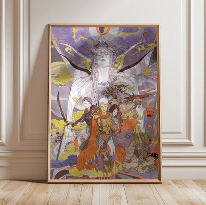 Final Fantasy II Call to Arms Amano poster in a light oak frame leaning against a white wall