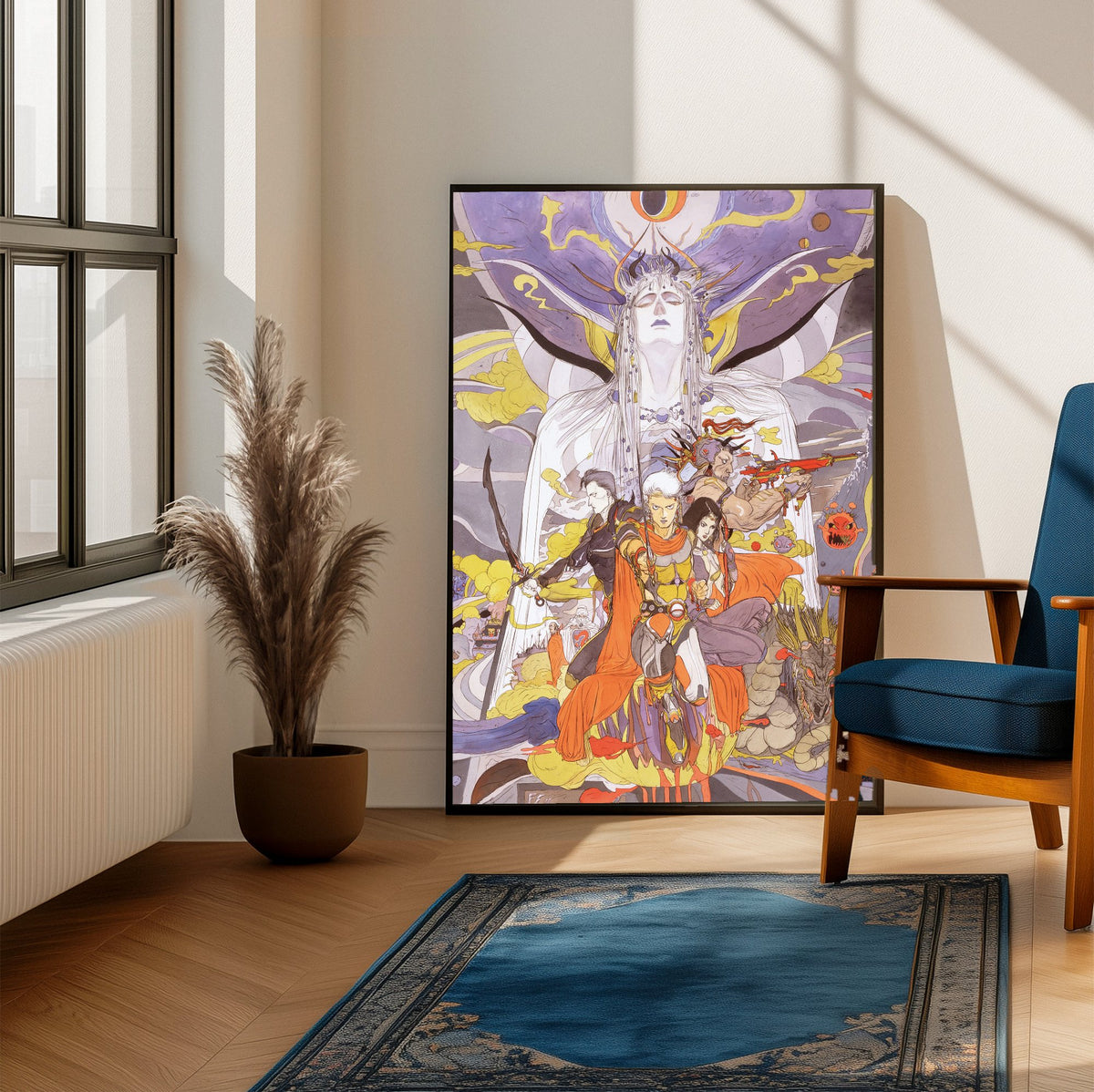 Final Fantasy II Call to Arms Amano poster framed beside a blue armchair in a sunlit room