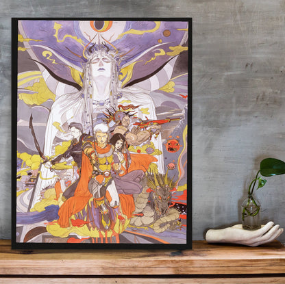 Final Fantasy II Call to Arms Amano poster in a black frame on a wooden shelf against concrete