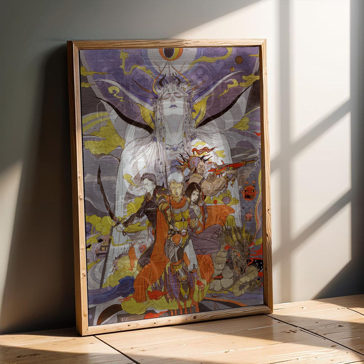 Final Fantasy II Call to Arms Amano poster in an oak frame leaning on a wooden floor