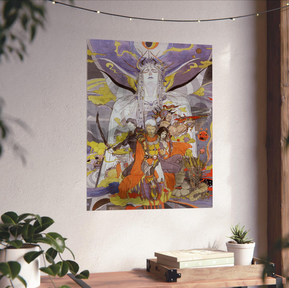 Final Fantasy II Call to Arms Amano poster unframed on a white wall above a desk