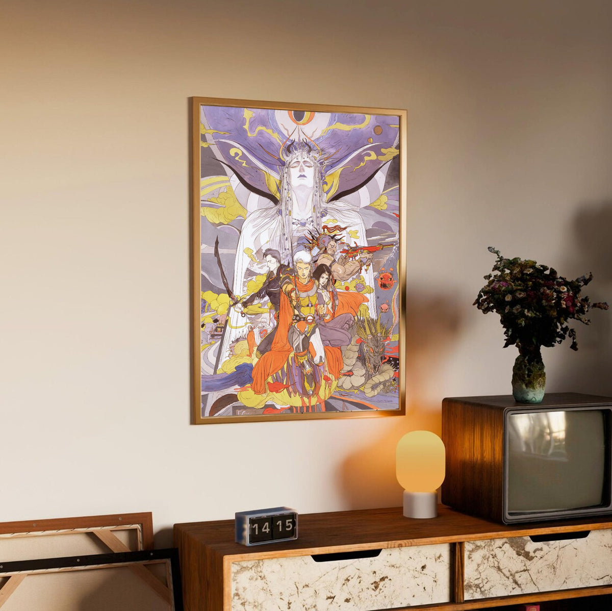 Final Fantasy II Call to Arms Amano poster in an oak frame above a sideboard