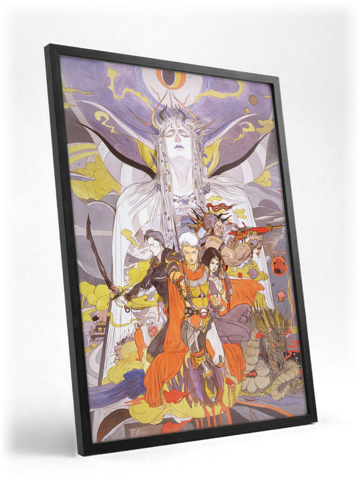 Final Fantasy II Call to Arms Amano poster in a black frame with glass leaning against a wall