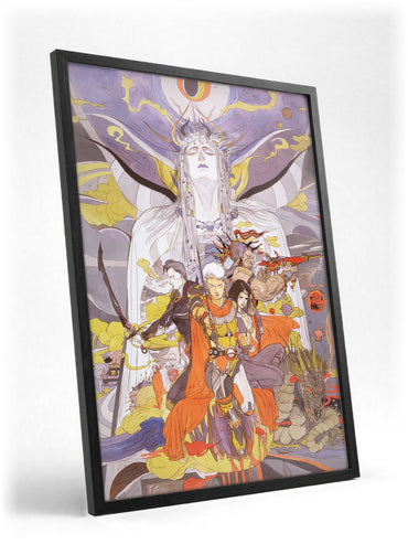 Final Fantasy II Call to Arms Amano poster in a black frame with glass leaning against a wall