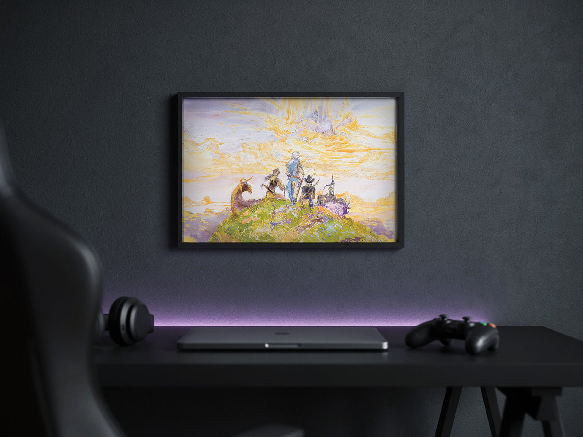 Final Fantasy III Characters Amano poster in a black frame above a gaming desk