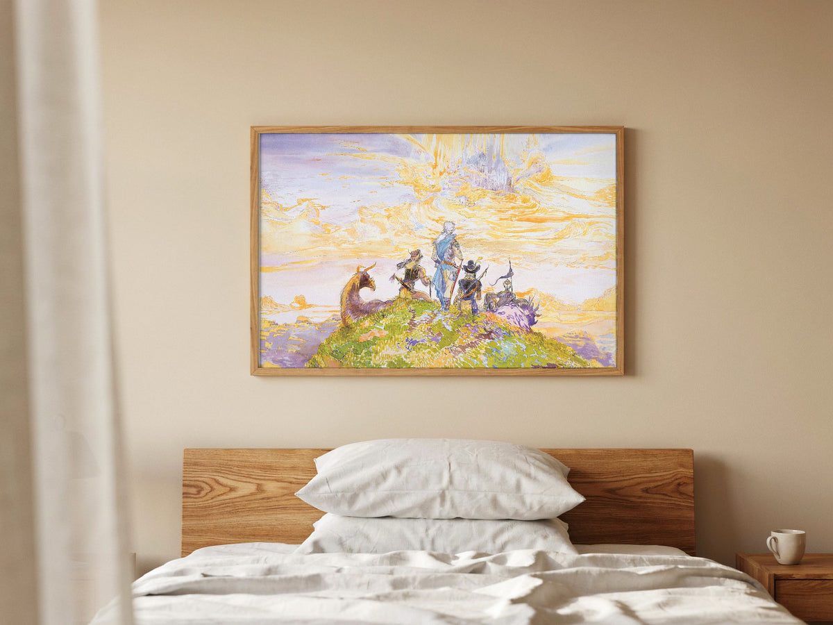 Final Fantasy III Characters Amano poster in a natural oak frame above a bed