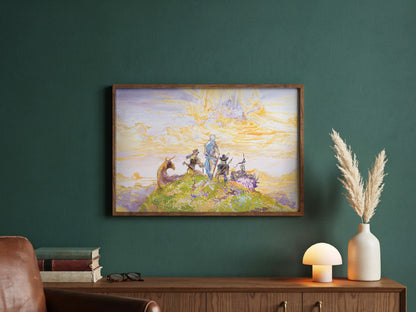 Final Fantasy III Characters Amano poster in a dark walnut frame in a green study
