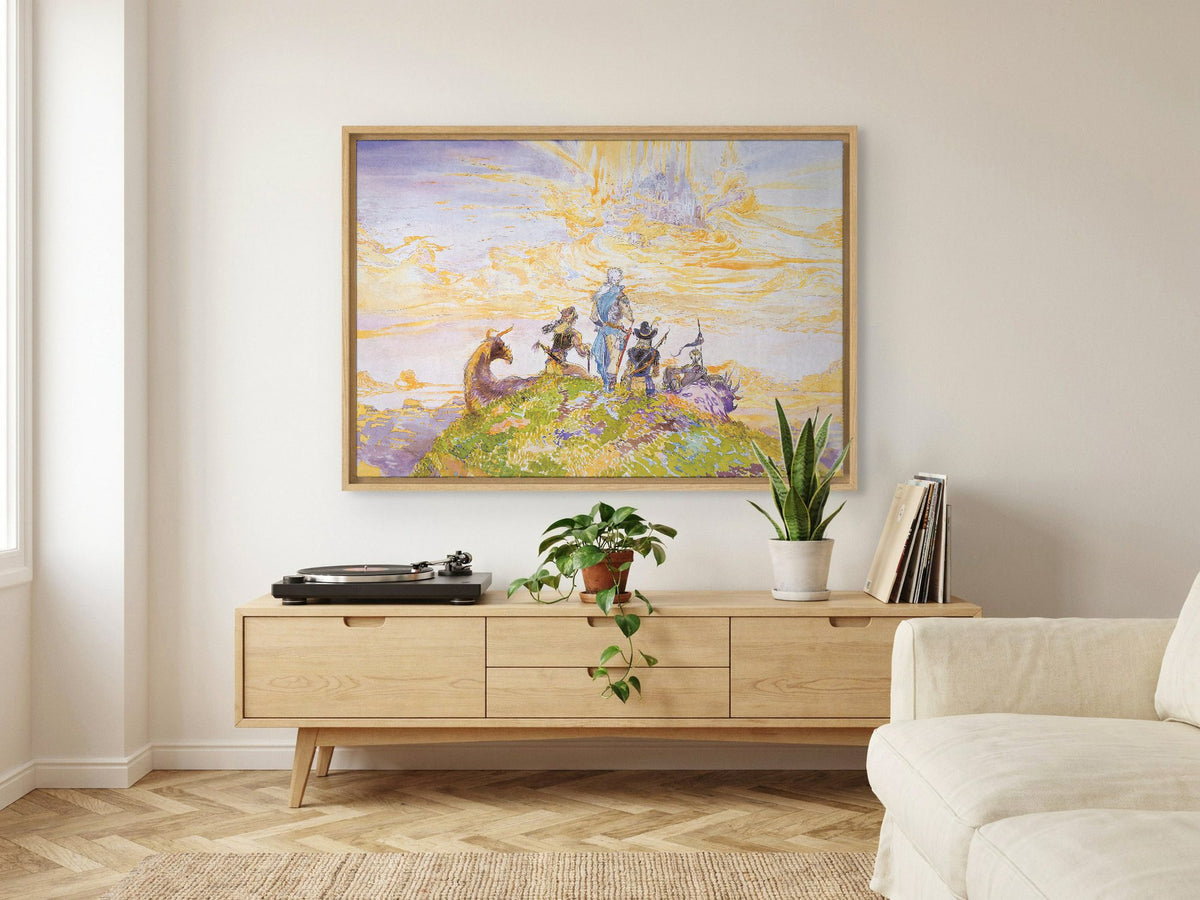 Final Fantasy III Characters Amano as an oak floater framed canvas in a Scandinavian lounge