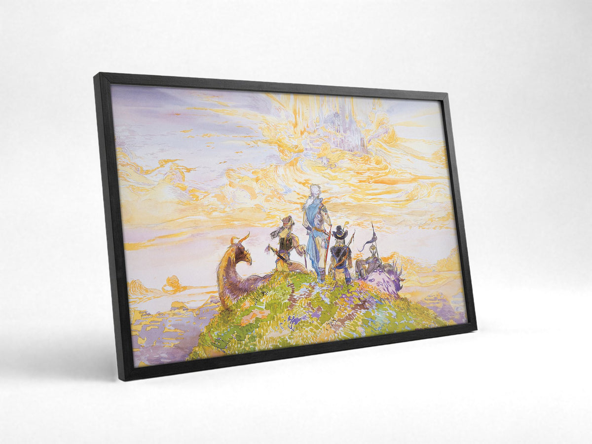Final Fantasy III Characters Amano poster in a black frame with glass leaning against a wall