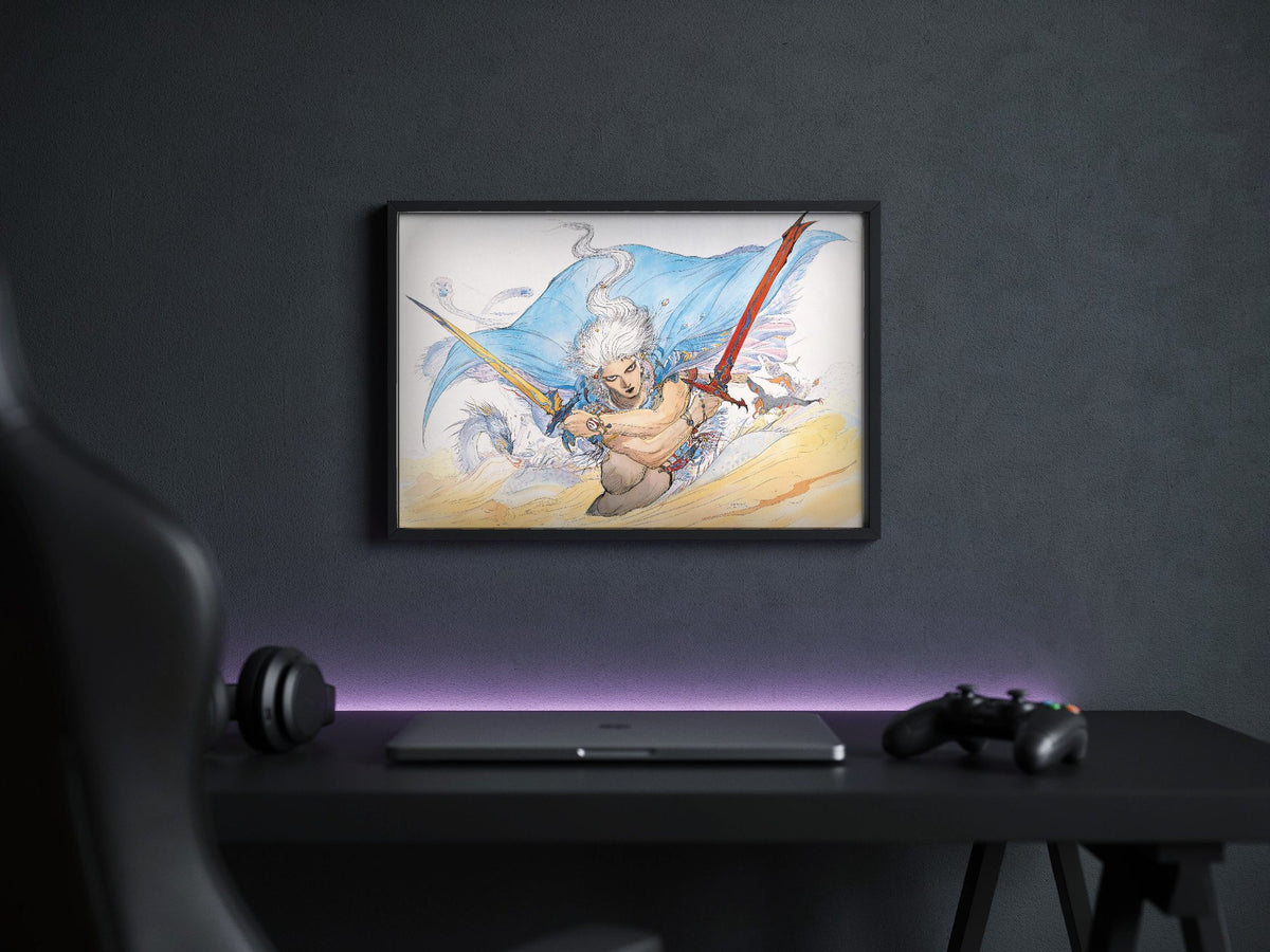 Final Fantasy III Packaging Art Amano poster in a black frame above a gaming desk