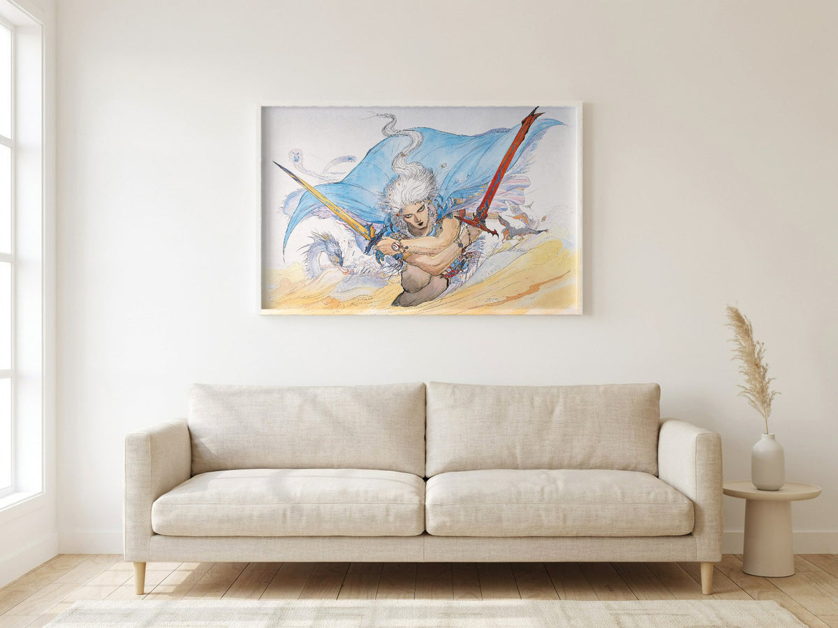 Final Fantasy III Packaging Art Amano poster in a white frame in a living room