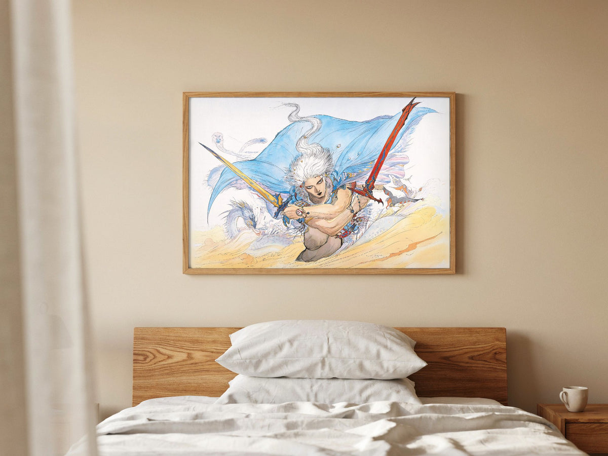 Final Fantasy III Packaging Art Amano poster in a natural oak frame above a bed