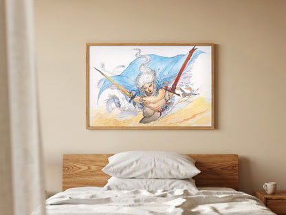 Final Fantasy III Packaging Art Amano poster in a natural oak frame above a bed