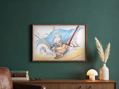 Final Fantasy III Packaging Art Amano poster in a dark walnut frame in a green study
