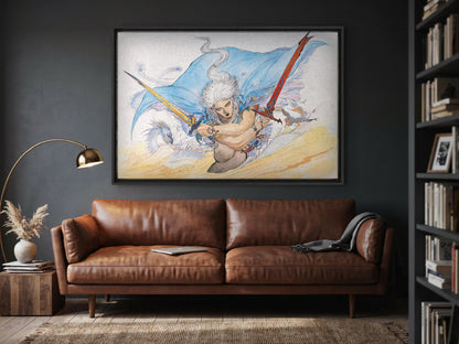 Final Fantasy III Packaging Art Amano as a black floater framed canvas in a media room