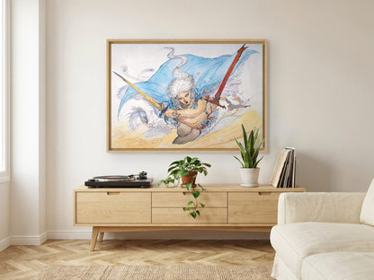 Final Fantasy III Packaging Art Amano as an oak floater framed canvas in a Scandinavian lounge