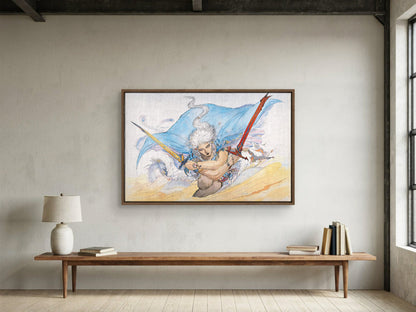 Final Fantasy III Packaging Art Amano as a walnut floater framed canvas in a loft