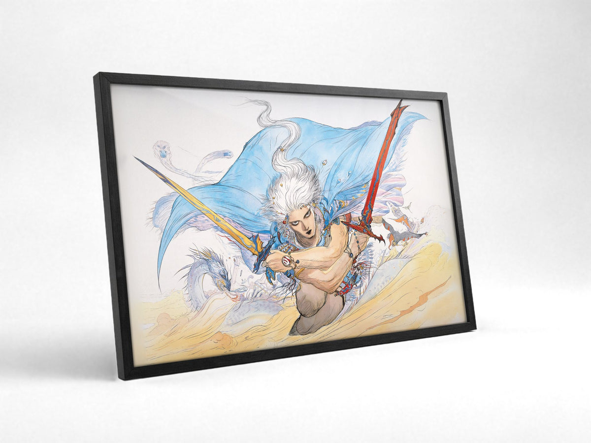 Final Fantasy III Packaging Art Amano poster in a black frame with glass leaning against a wall