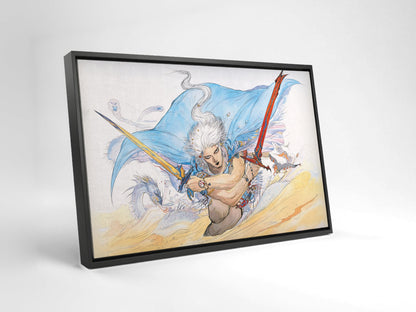Final Fantasy III Packaging Art Amano as a black floater framed canvas leaning against a wall