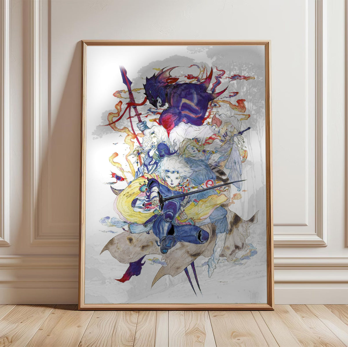 Final Fantasy IV Complete Collection Amano poster in a light oak frame leaning against a white wall