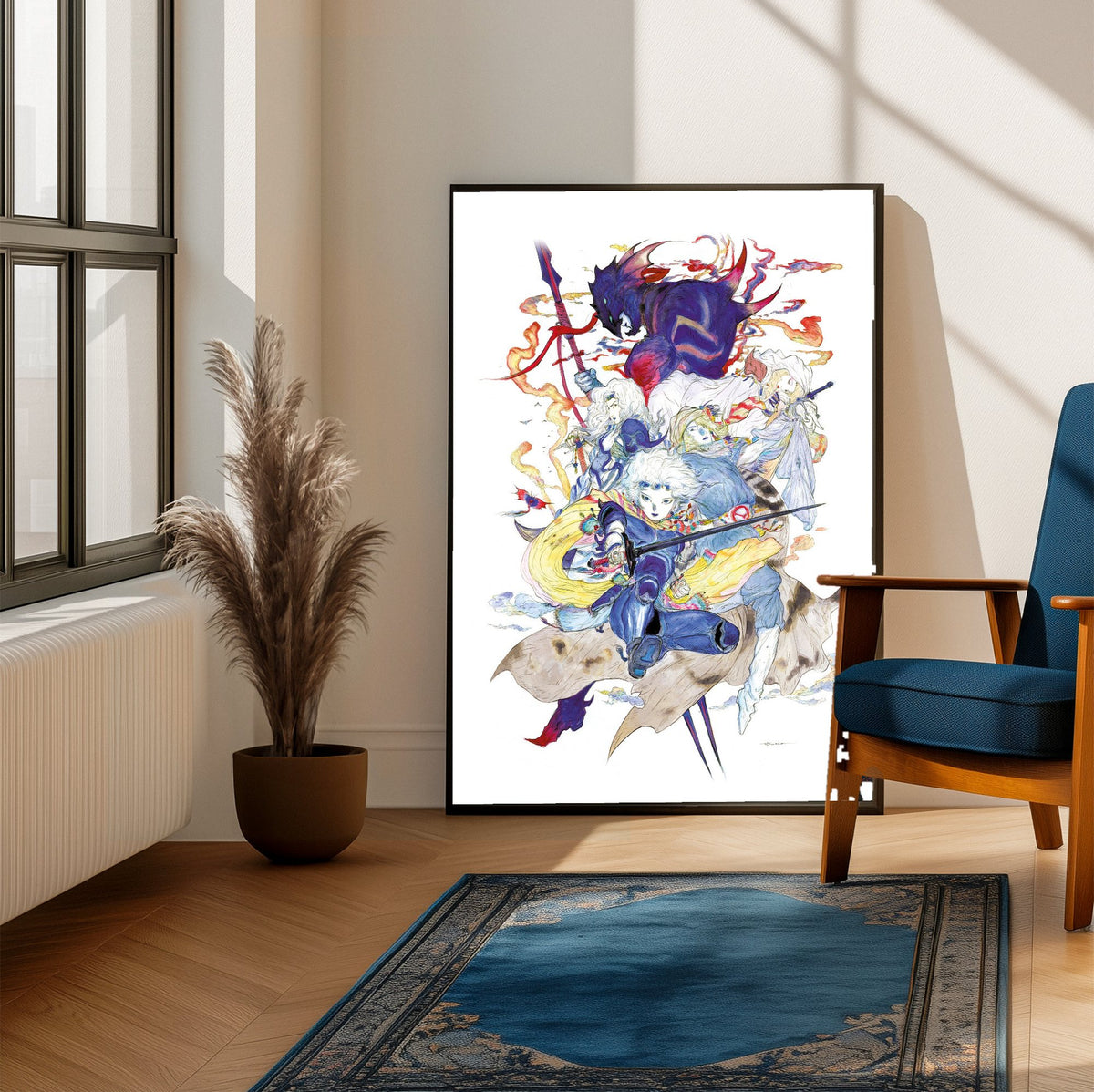 Final Fantasy IV Complete Collection Amano poster framed beside a blue armchair in a sunlit room