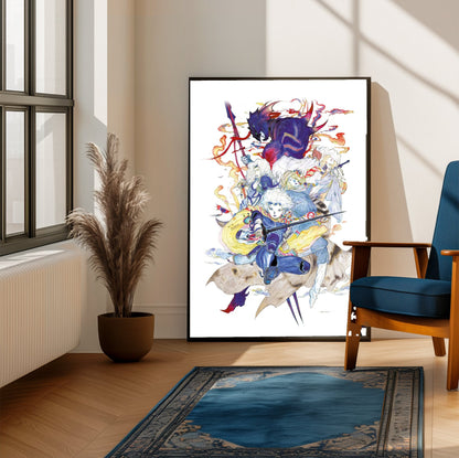 Final Fantasy IV Complete Collection Amano poster framed beside a blue armchair in a sunlit room