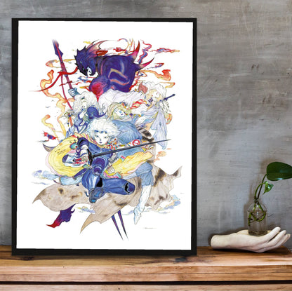 Final Fantasy IV Complete Collection Amano poster in a black frame on a wooden shelf against concrete