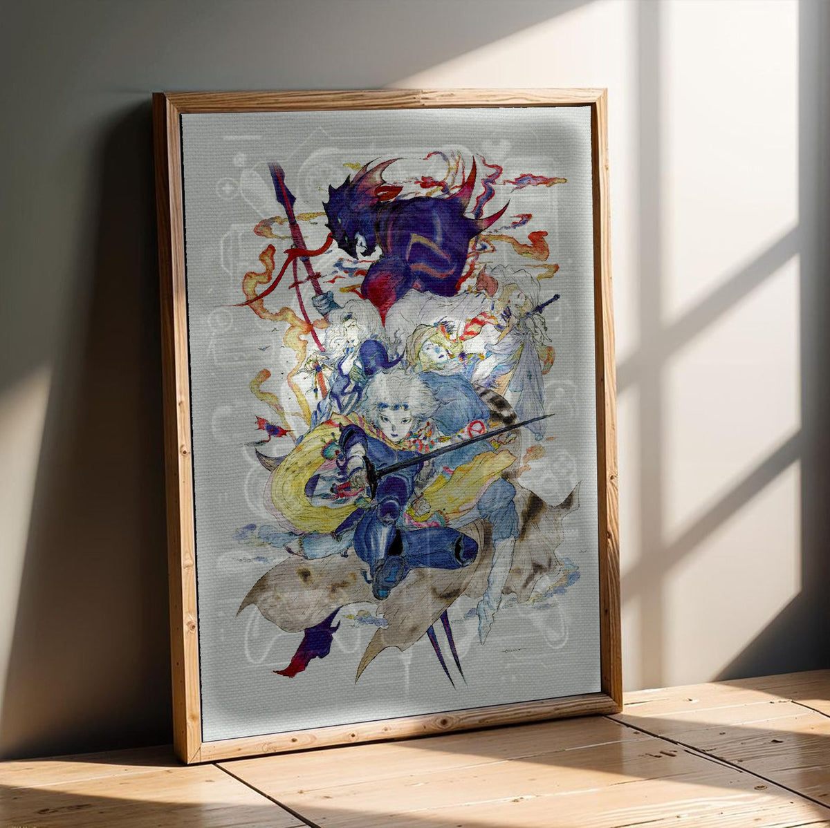 Final Fantasy IV Complete Collection Amano poster in an oak frame leaning on a wooden floor