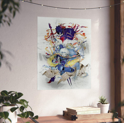 Final Fantasy IV Complete Collection Amano poster unframed on a white wall above a desk