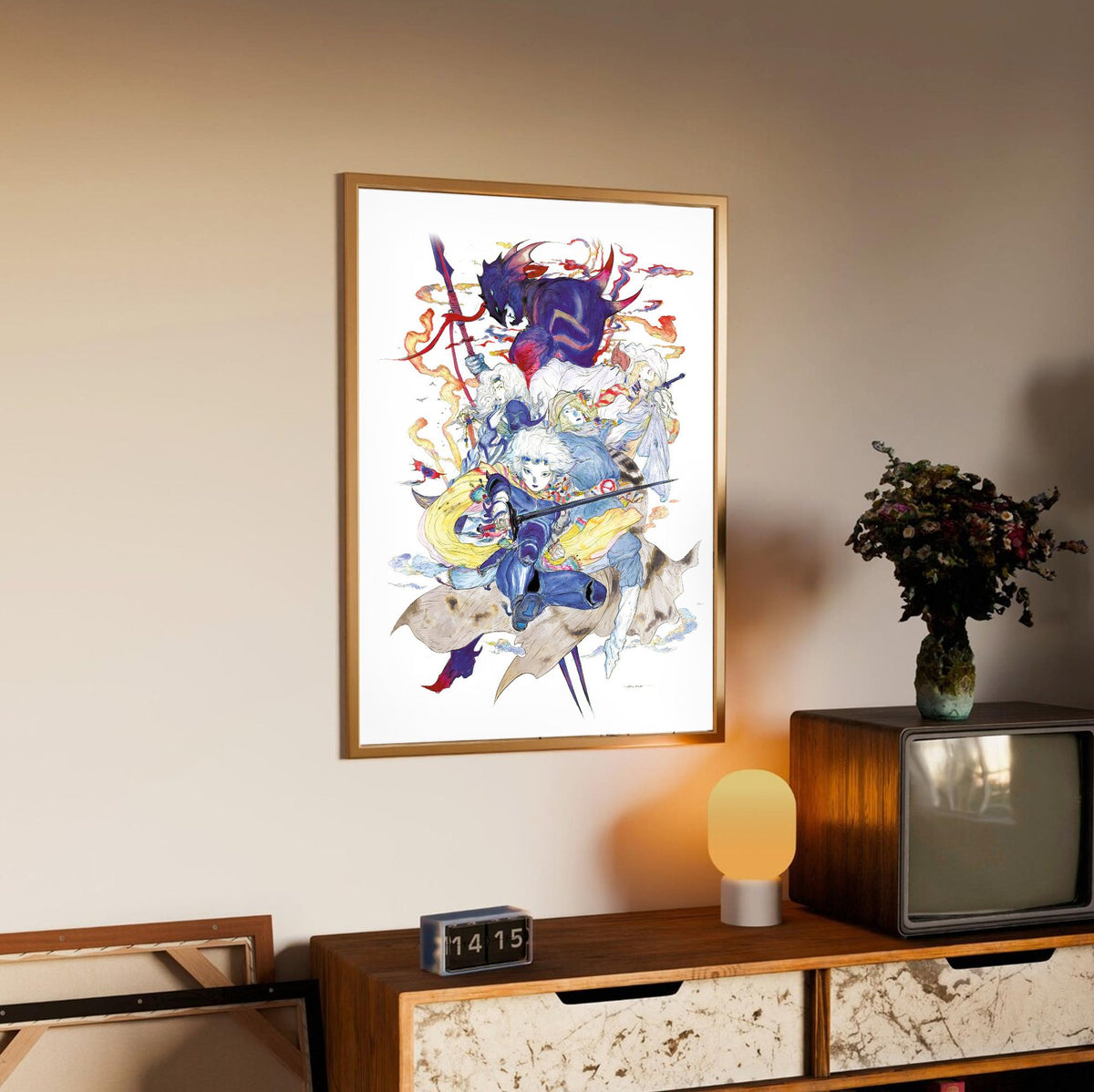 Final Fantasy IV Complete Collection Amano poster in an oak frame above a sideboard