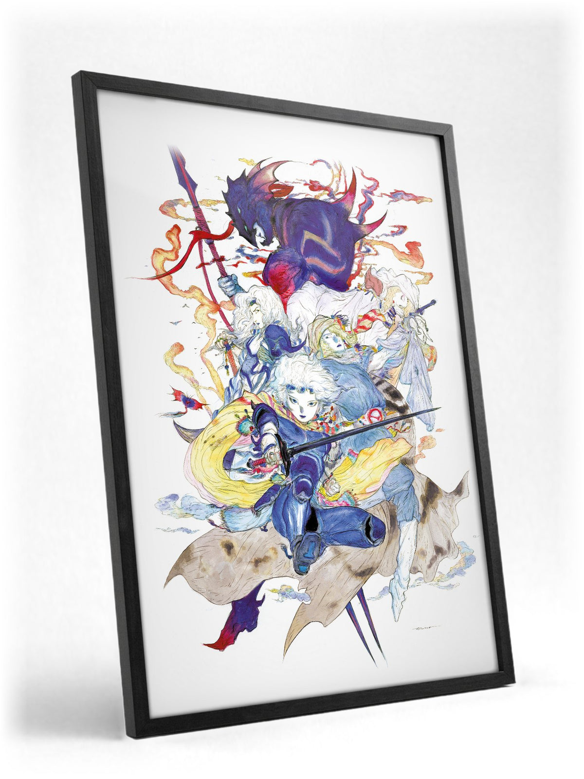 Final Fantasy IV Complete Collection Amano poster in a black frame with glass leaning against a wall