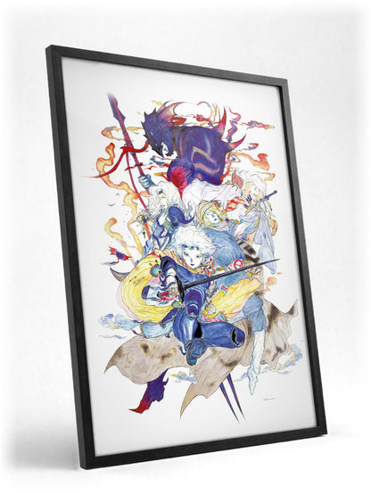 Final Fantasy IV Complete Collection Amano poster in a black frame with glass leaning against a wall