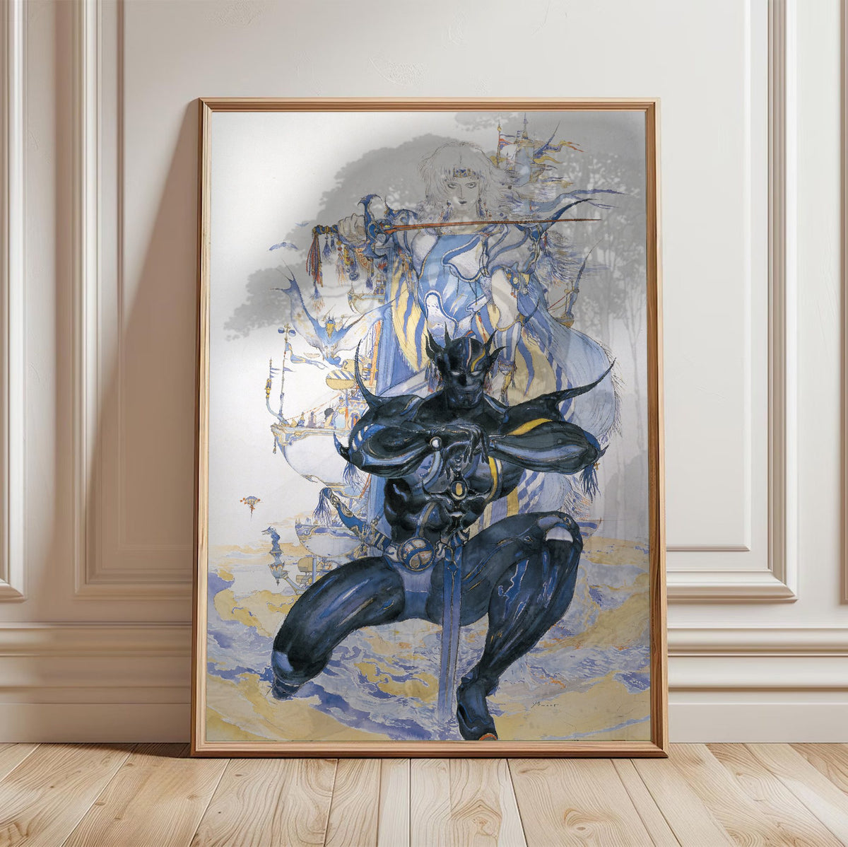 Final Fantasy IV Packaging Art Amano poster in a light oak frame leaning against a white wall