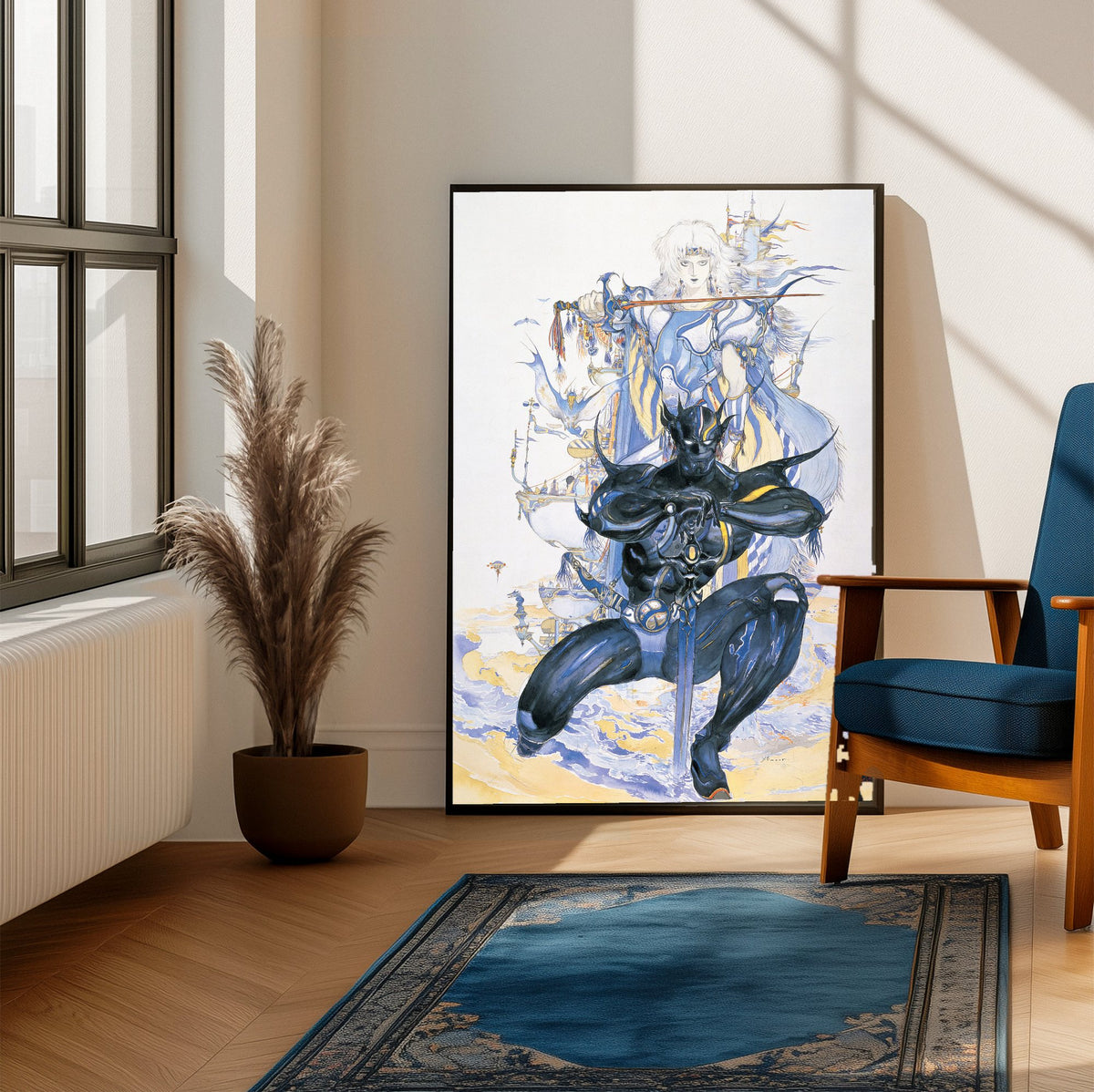 Final Fantasy IV Packaging Art Amano poster framed beside a blue armchair in a sunlit room